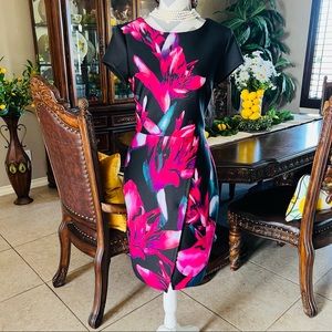 Worthington | black/pink floral midi dress | size 6